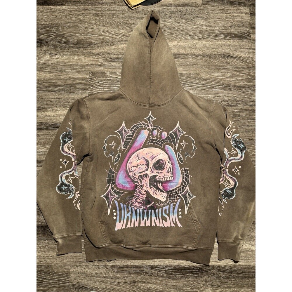 Made Hoodie Mens Medium UKNWNISM Brown Hip Hop University Stoned Skull Print